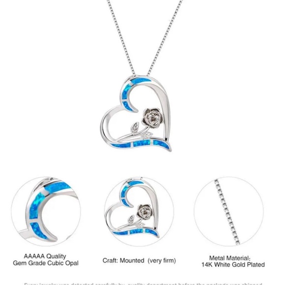 🆕 | Blue Simulated Opal | Rose Flower | 14K White Gold Plated Women’s Necklace - Picture 4 of 7